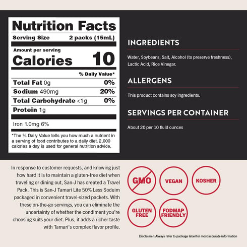 50% 100% 1/4 oz. Packets 200 Pack San-J - Gluten Free Tamari Lite Soy Sauce with Less Sodium - Made with Soy