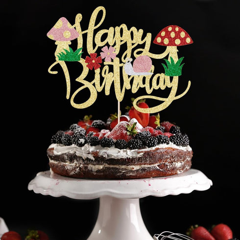 Kaoenla Mushroom Cake Topper- Glitter Mushroom Birthday Cake ToppersMushrooms and flowers in