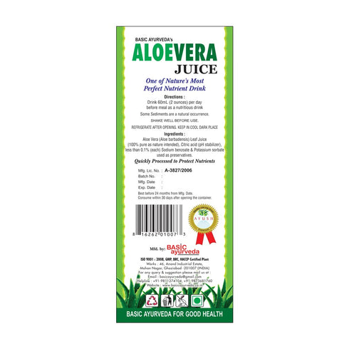 16.23 Oz (480ml) BASIC AYURVEDA Aloe Vera Juice Sugar Free | Fl | Pure Aloe Vera Herbal Juice | Supports Digestion