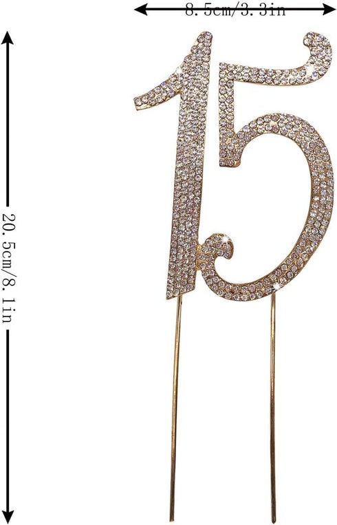 15 Gold Cake Topper, Premium Sparkly Crystal Rhinestones, 15th Birthday or Anniversary Decoration