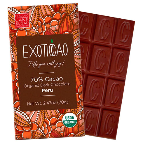 Exoticcao 4 Pack Organic Dark Chocolate Bars|Cane Sugar Sweetened|Gluten-Free, Vegan, Non GMO,Dairy free,