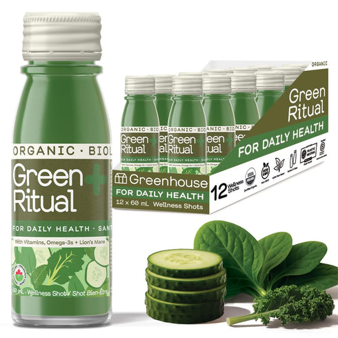 Greenhouse Juice Green Ritual Wellness Shot Brain-Boosting 12-Count 60mL Glass Bottles with