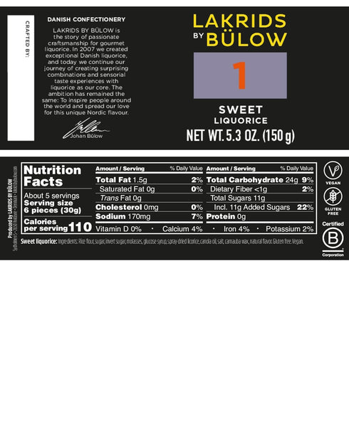 1 5.3 oz LAKRIDS BY BLOW - - Black Licorice - Sweet - - Vegan Gourmet Licorice from Scandinavia - Gluten Free