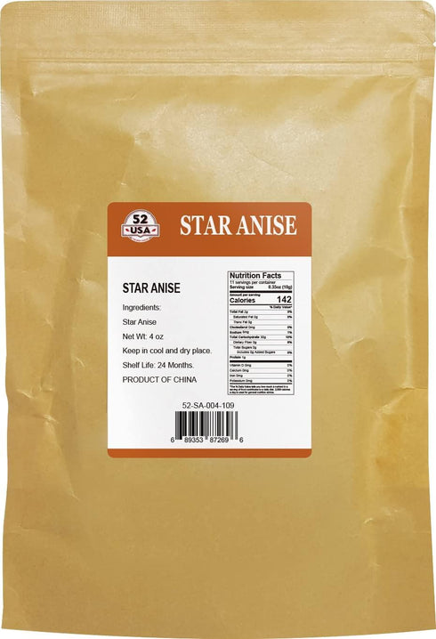 52USA Star Anise, Whole 4oz (Pack of 1), NON-GMO Verified Chinese Dried Anise Spice