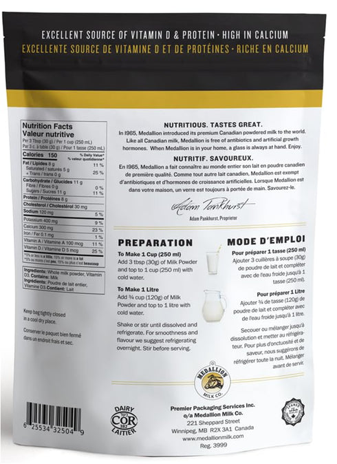Medallion 500g Brand Whole Milk Powder - Dried Milk from Canada, Free of Antibiotics, No rbST or rBGH