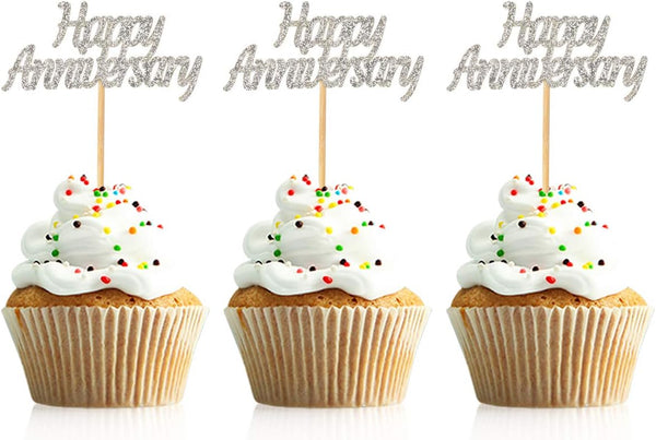 48 Pcs Silver Happy Anniversary Cupcake Toppers, Picks for Anniversary Party Cake Decorations