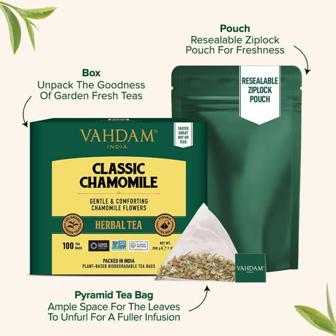 (100 100% VAHDAM, Chamomile Herbal Tea Pyramid Tea Bags) Resealable Ziplock Pouch | Caffeine Free, Non GMO, Gluten Free