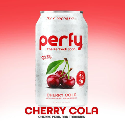 12-Pack PERFY Caffeine Free Cherry Cola Soda | Made With Real Juice Low Sugar Nootropic Drink with L-Theanine +