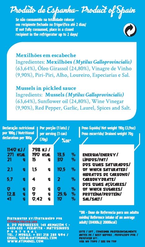 Ati Manel Omega-3 1 110g Spanish Mussels Canned in Spiced Pickled Sauce | B Vitamins, | Tinned Seafood by | x Cans