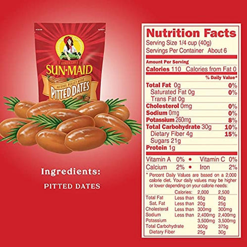 (Pack 10) 8 oz Sun-Maid Deglet Noor Pitted Dried Dates - of Resealable Bag - Pitted Deglet Noor Dates Dried Fruit Snack
