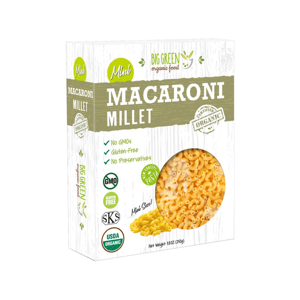 Big Green Organic Food - Organic Mini Millet Macaroni Pasta, Gluten-Free, Non-GMO,