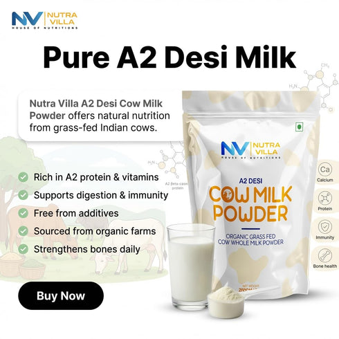 NUTRAVILLA A2 200 Full Cream Desi Cow Milk Powder | Made From Organic Grass Fed Desi Cow | Grams