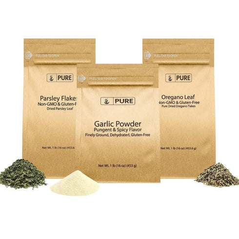 Pure Original Ingredients Parsley Flakes, Oregano Leaf Flakes, and Garlic Powder Bundle,