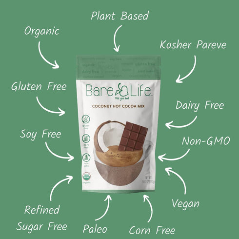 9.52 oz. Bare Life: Dairy Free Coconut Hot Cocoa Mix Pouch | Gluten Free, Vegan, USDA Organic, Plant Based, Paleo, Soy
