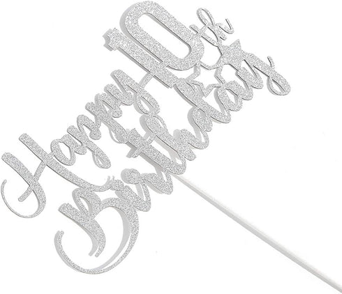 Silver Glitter Happy 10th Birthday Cake Topper - 10th Birthday Party Decoration