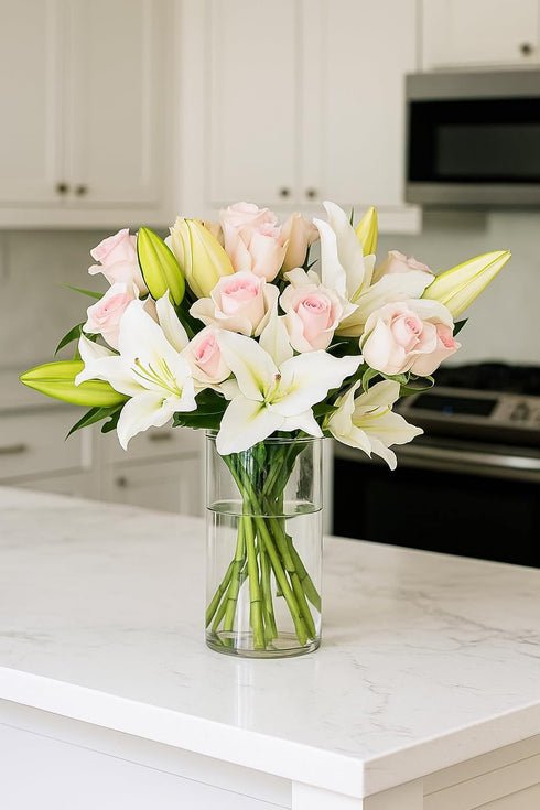 BloomsyBox Lily Love-Elegant White Lilies & Light Pink Roses (Glass Vase Included)