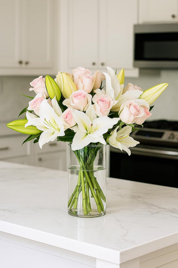 BloomsyBox Lily Love-Elegant White Lilies & Light Pink Roses (Glass Vase Included)