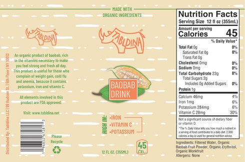 Tabldina 12 oz, 45 Baobab Drink Organic with Iron, Vitamin C and Potassium, fl Calories