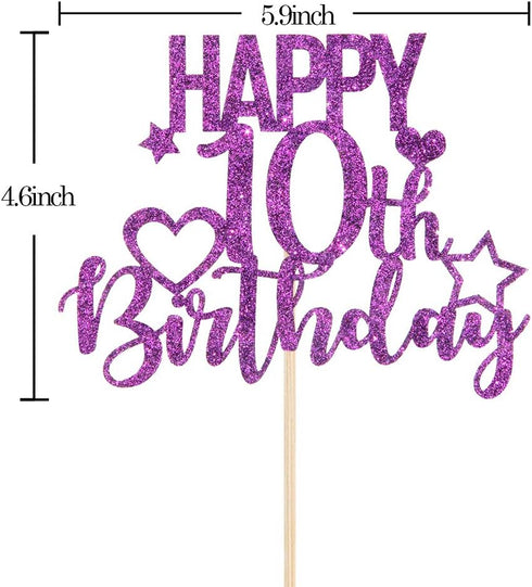 Purple Glitter Happy 10th Birthday Cake Topper - Cheers to 10 Years Children's Birthday Party Cake Decorations