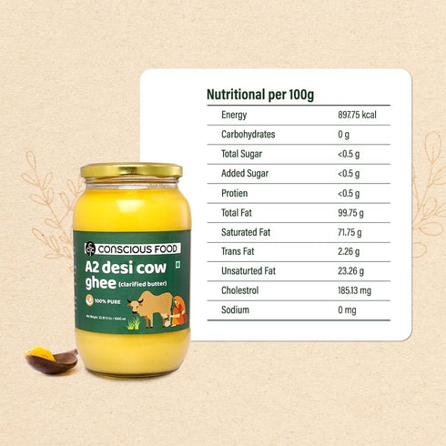 A2 33.814 Oz (1L), 100% Conscious Food Desi Cow Ghee - Fl Clarified Butter - Pure and Premium, Cultured Ghee, Natural
