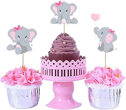 48pcs Pink Elephant Cupcake Toppers, Double Sided Picks for It's A Girl Cake Decorations for Birthday Baby Shower