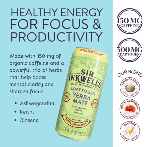 Sir Inkwell's 150 300mg 16oz 12pk Adaptogen Yerba Mate Tea | Healthful Energy + Productivity mg Organic Caffeine |
