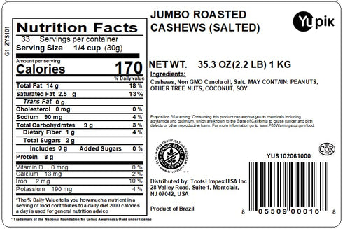 2.2 lb (35.2 oz), Yupik Roasted Salted Jumbo Cashews, Gluten-Free, Kosher, Vegan, Large Crunchy Nuts, Lightly Seasoned