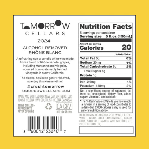 24.5 Oz Tomorrow Cellars Non-Alcoholic White Wine, Dry and Crisp, Low Sugar and Calories, Award-Winning, De-Alcoholized