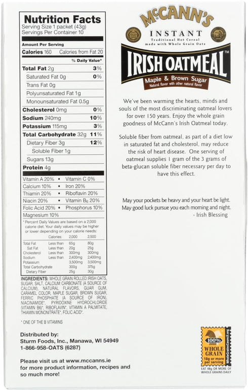 10 3 McCanns Instant Irish Oatmeal Maple Brown Sugar, ct, pk