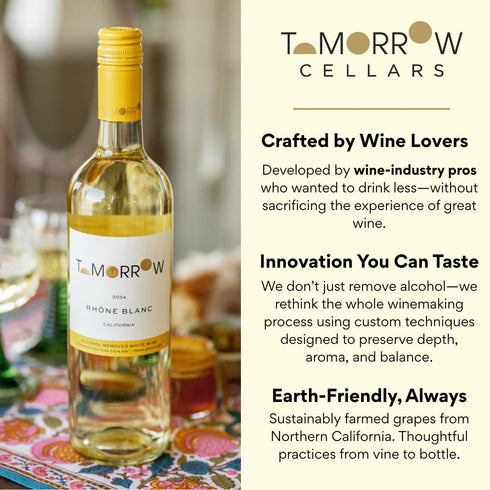 24.5 Oz Tomorrow Cellars Non-Alcoholic White Wine, Dry and Crisp, Low Sugar and Calories, Award-Winning, De-Alcoholized