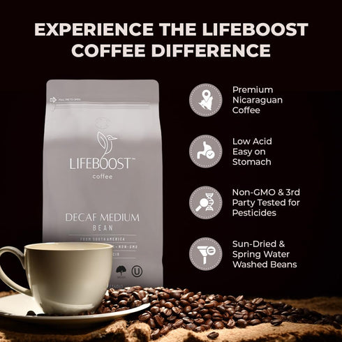 12 oz Lifeboost Medium Roast Swiss Water Decaf Whole Bean Coffee - Low Acid Organic Decaf Coffee, Non-GMO, USDA