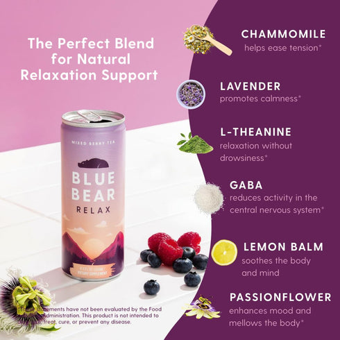 8.4 Oz (12 Pack) Blue Bear Relax Tea, Ready-to-Drink Iced Tea, Mixed Berry Calming & Relaxation Tea for Stress Relief