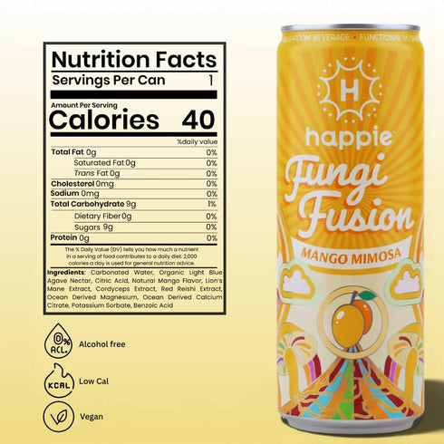 (900mg), (6 Pack) Happie Fungi Fusion Mango Mimosa Sparkling Mushroom Drink with Lion's Mane Cordyceps & Reishi