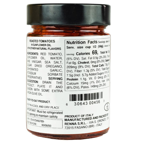 10.58 oz, Renna, Fire Roasted Grilled Tomatoes In preserved in oil, Product of Italy, Semi Dried, Pomodori, Experience