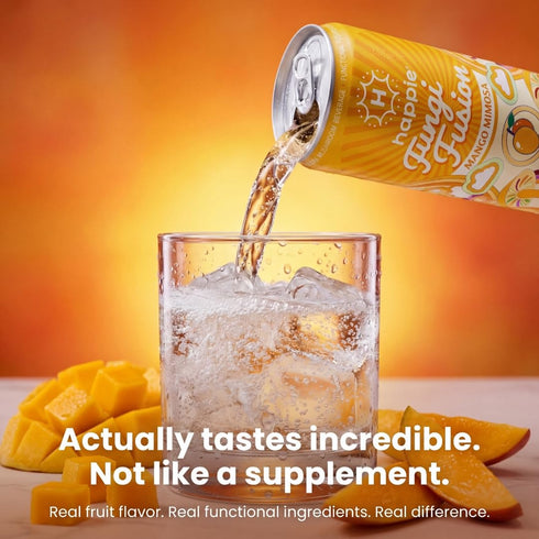 (900mg), (700mg) (400mg) 40 (12 pack) Happie Fungi Fusion Mango Sparkling Mushroom Drink with Lion's Mane Cordyceps