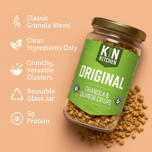 (4 Kin Kitchen non-GMO Granola & Organic Quinoa Crisps, in a Glass Jar Recyclable and Resusable. Made with Real Fruit.