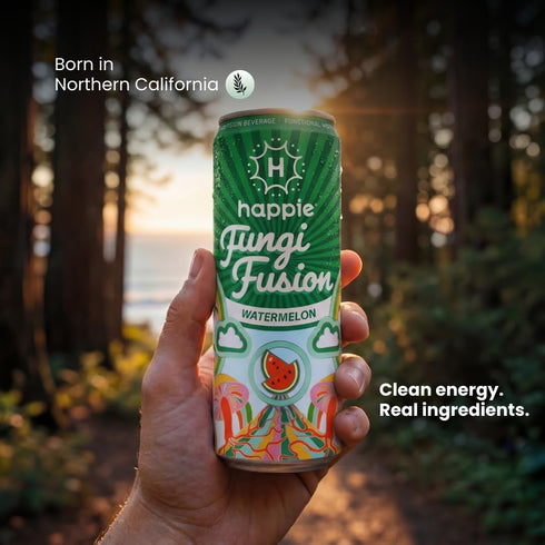 (900mg), (6 Pack) Happie Fungi Fusion Watermelon Sparkling Mushroom Drink with Lion's Mane Cordyceps & Reishi