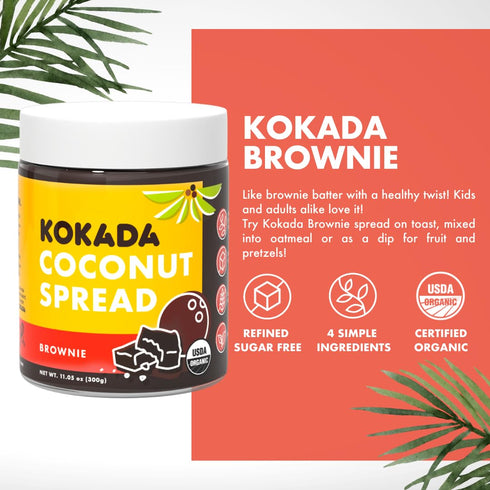 (11oz Kokada Coconut Spread, Brownie Jar) - Peanut Free, School Safe Snack, Organic Ingredients, Vegan, Gluten Free