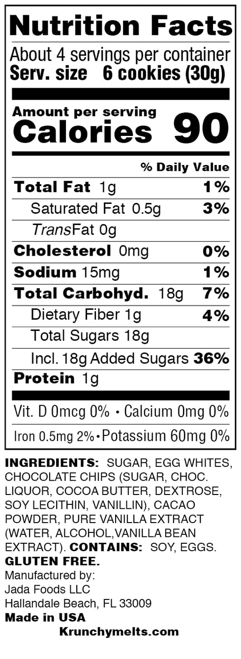 Krunchy Melts Original Meringue Cookies, Chocolate Chip Flavor, Low Fat, Gluten Free, Dairy Free (4 Oz)