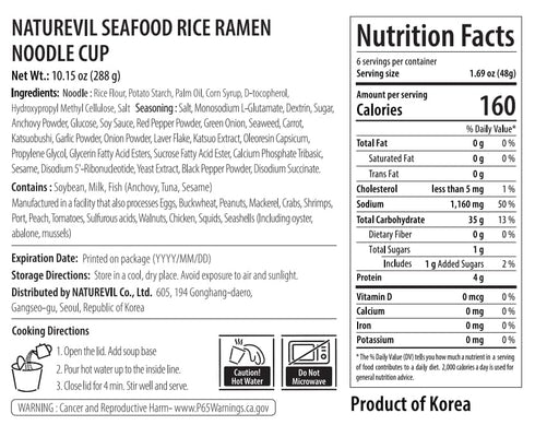 1.69 oz (Pack 6) NATUREVIL Seafood Rice Ramen Noodle Cup of Korean Instant Authentic Savory Noodle Soup, Non-GMO