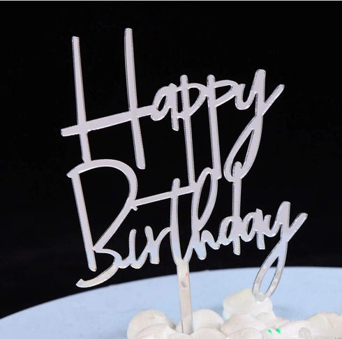Happy Birthday Acrylic Cake Topper Party Decorations, Mirror Silver