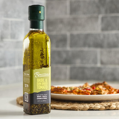 8.1 oz Benissimo Basil and Sun Dried Tomato Herb Infused Oil, All Natural Gourmet Cooking Oil with Garden-Fresh Herbs