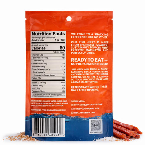 3, 2 oz (57 Rublev Salmon Jerky Original Flavor Wild Caught Dried Fish Strips, High Protein Snack with Omega Gluten