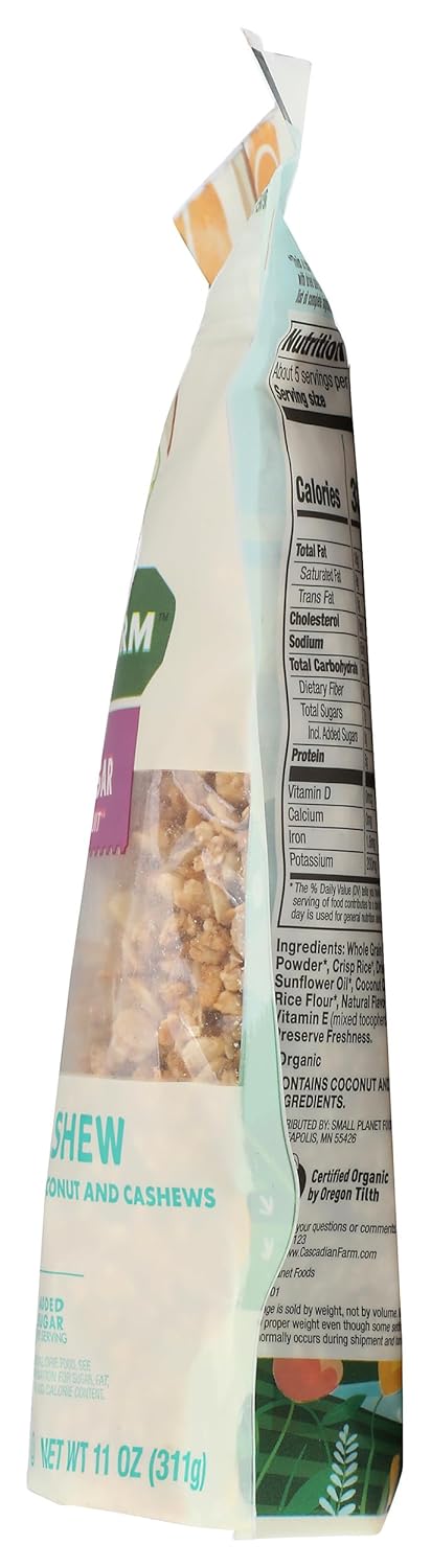 Cascadian Farm 11 (Pack 4) Organic Coconut Cashew Granola Cereal, No Added Sugar, Ounces