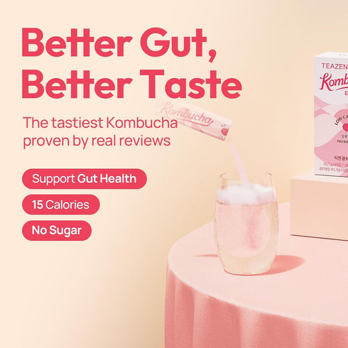30 5.29oz TEAZEN Peach Kombucha Tea, Hydration Drink Mix, Sugar Free, Live Probiotics & Prebiotics, Sticks