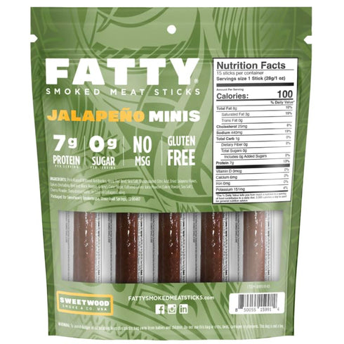 Generic 15 oz Fattty Smoked Meat Sticks, Jalapeno Minis Flavor, Made with Grass Fed Beef and Pork Raised Without