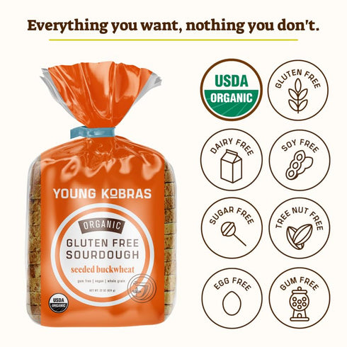22oz (2-pack) Young Kobras Organic, Gluten-Free Seeded Buckwheat Sourdough Bread - Allergen Friendly, Vegan, Gum-Free