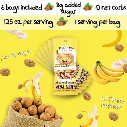 3 1.25 Oz, 6-Pack Crazy Go Nuts Walnuts Banana - Glazed Walnuts, Healthy Snacks, Vegan, Gluten Free, Superfood-Natural