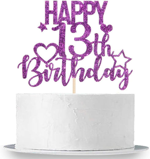INNORU Purple Glitter Happy 13th Birthday Cake Topper - Cheers to 13 Years Party Decorations