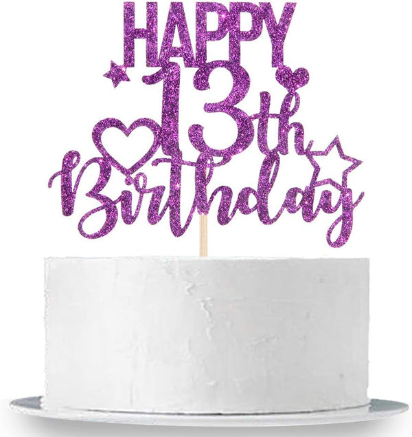 INNORU Purple Glitter Happy 13th Birthday Cake Topper - Cheers to 13 Years Party Decorations